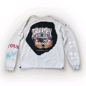 BoohooMAN Retro Trippy Tour Graphic Sweater Blue Long Sleeve Double Sided Mens M